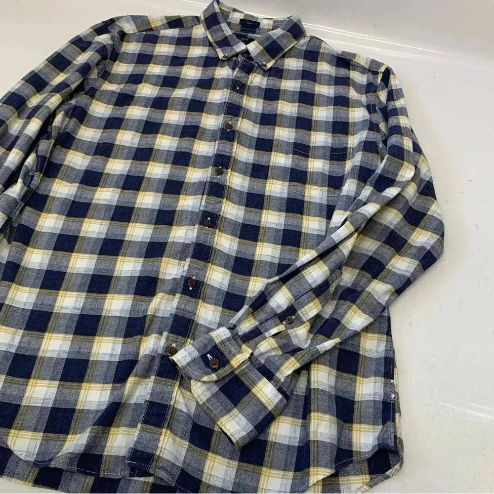J Crew Shirt Men XL Slim Blue Plaid Homespun Cotton Long Sleeve Casual Workwear
